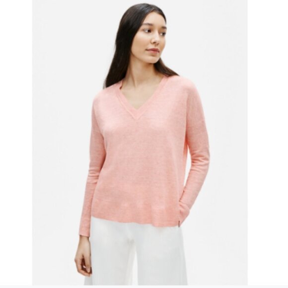 NEW Eileen Fisher 100% Organic Linen Melange V Neck Boxy Sweater in Peach Sz. L - Picture 1 of 2